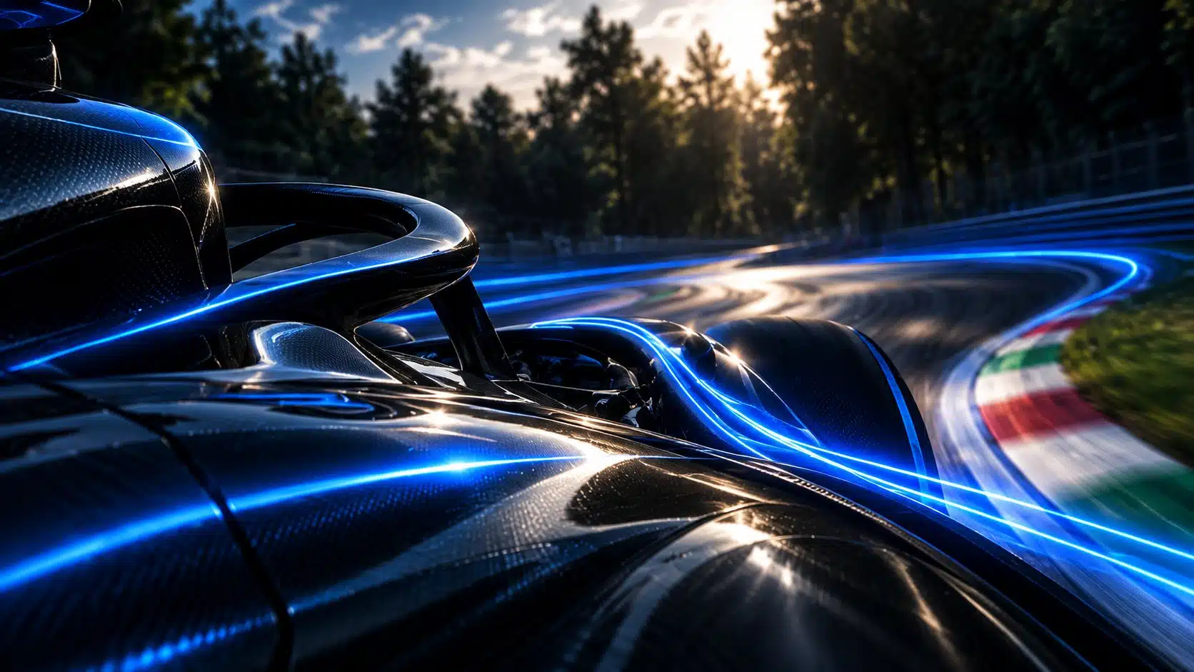 Dettaglio della monoposto in curva con le linee di energia blu sul tracciato